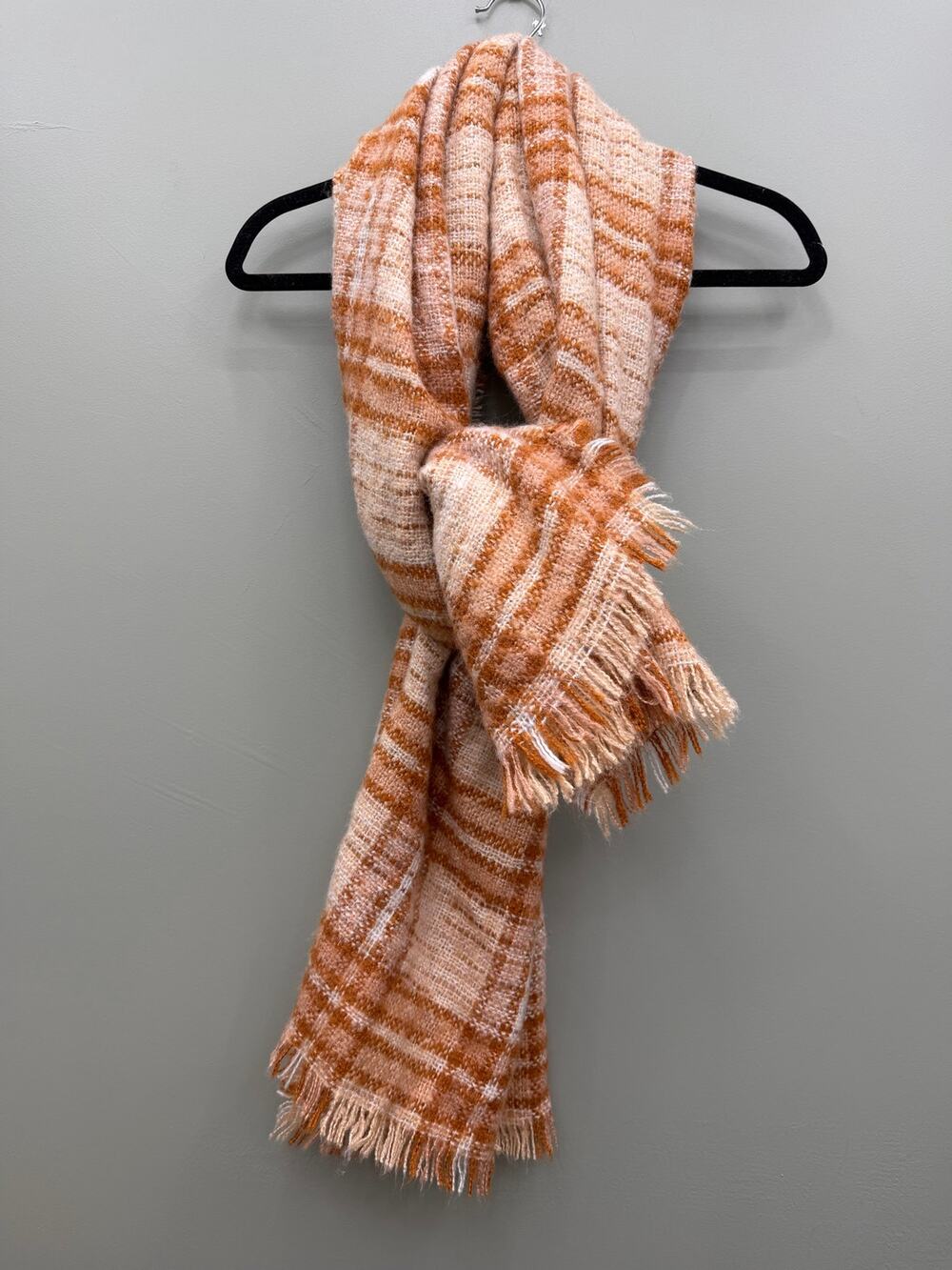Plaid Blanket Scarf Orange Cream Oversized Fringe Wrap Fall Coastal Grandmother